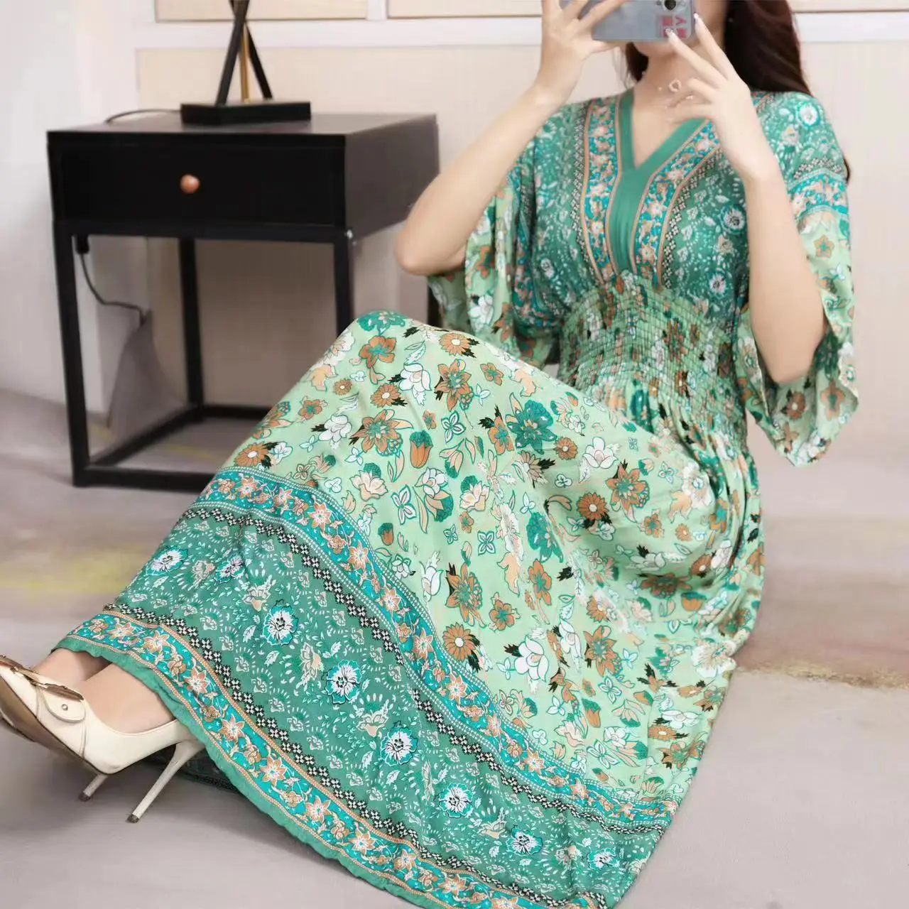 Red Ethnic V-Neck Cotton Silk Dress for Women