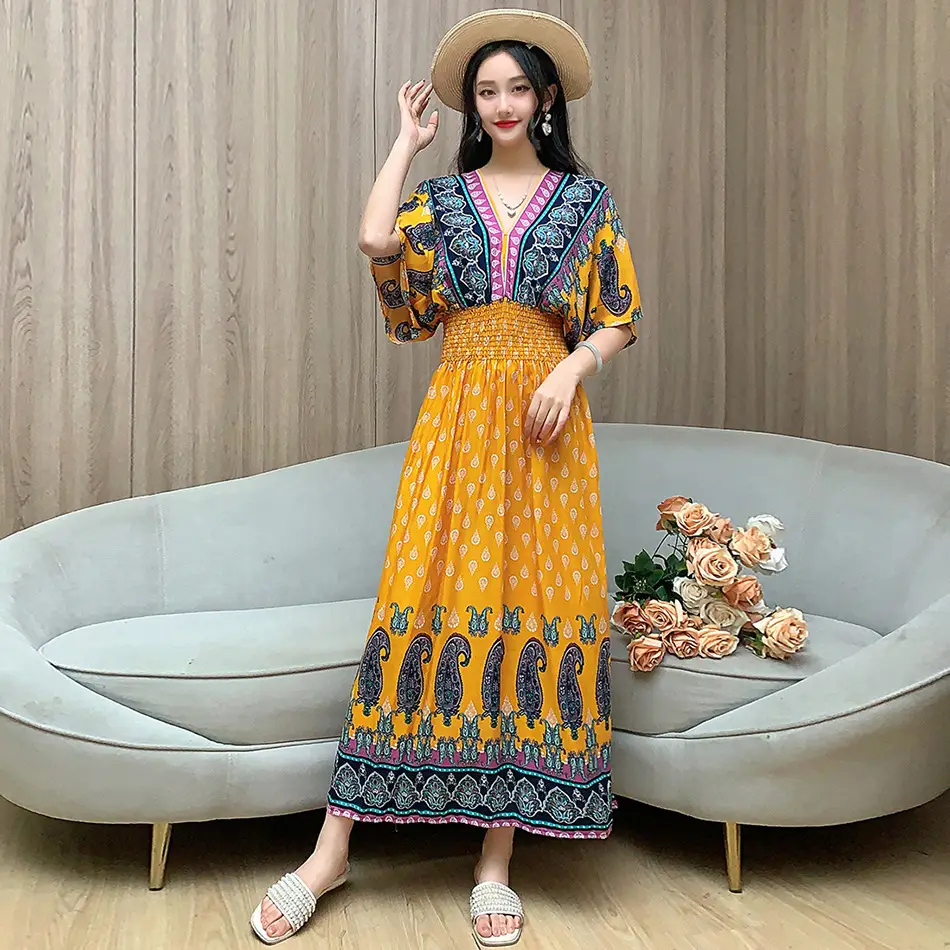Red Ethnic V-Neck Cotton Silk Dress for Women