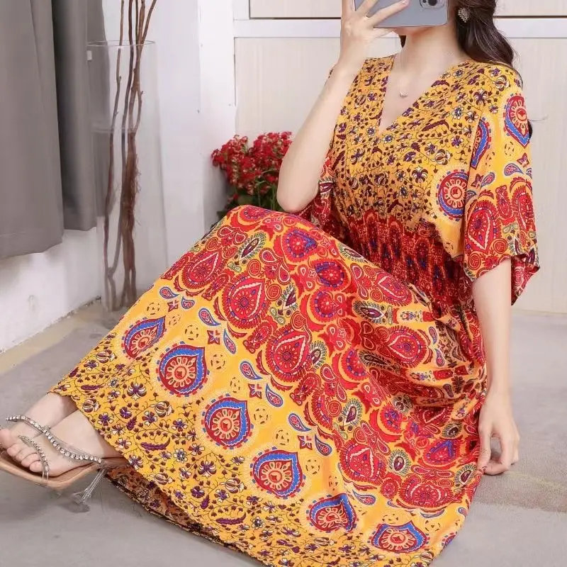 Red Ethnic V-Neck Cotton Silk Dress for Women