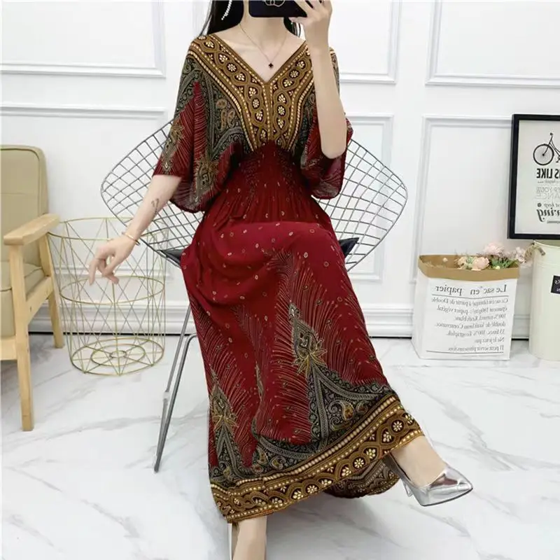 Red Ethnic V-Neck Cotton Silk Dress for Women