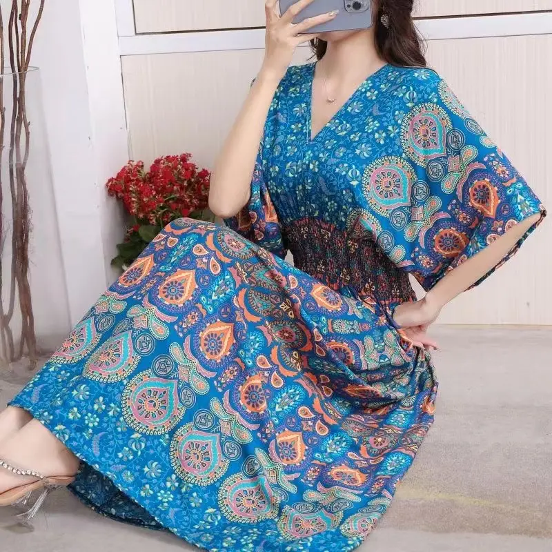 Red Ethnic V-Neck Cotton Silk Dress for Women