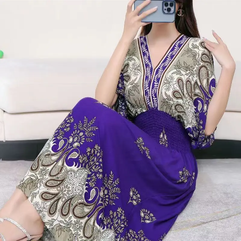 Red Ethnic V-Neck Cotton Silk Dress for Women