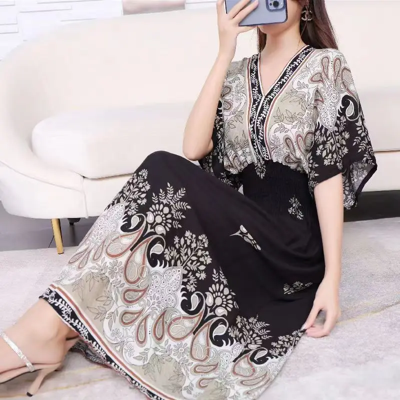 Red Ethnic V-Neck Cotton Silk Dress for Women