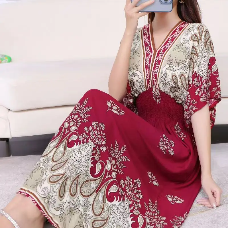 Red Ethnic V-Neck Cotton Silk Dress for Women
