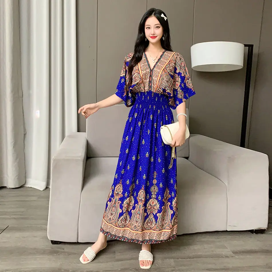 Red Ethnic V-Neck Cotton Silk Dress for Women