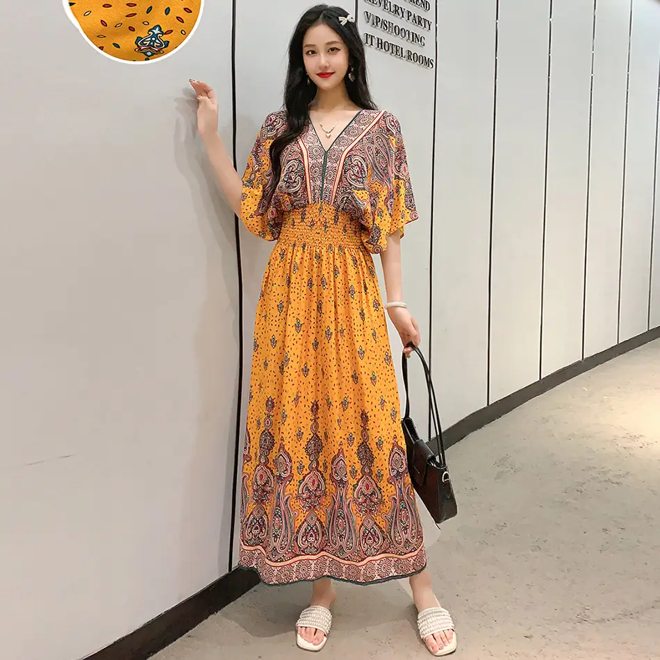 Red Ethnic V-Neck Cotton Silk Dress for Women