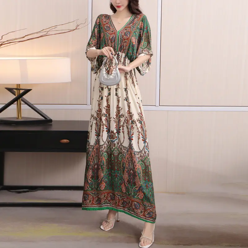 Red Ethnic V-Neck Cotton Silk Dress for Women