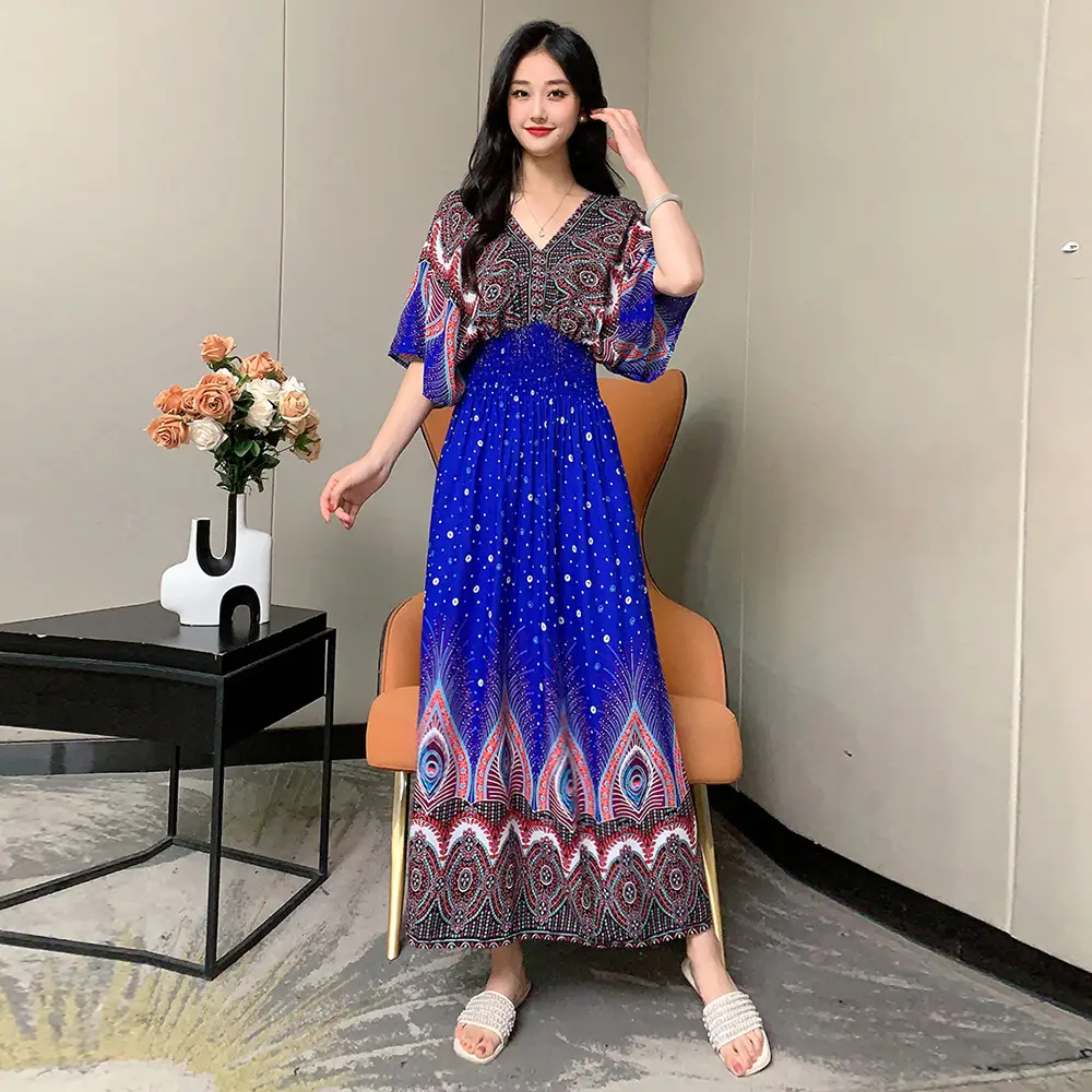 Red Ethnic V-Neck Cotton Silk Dress for Women