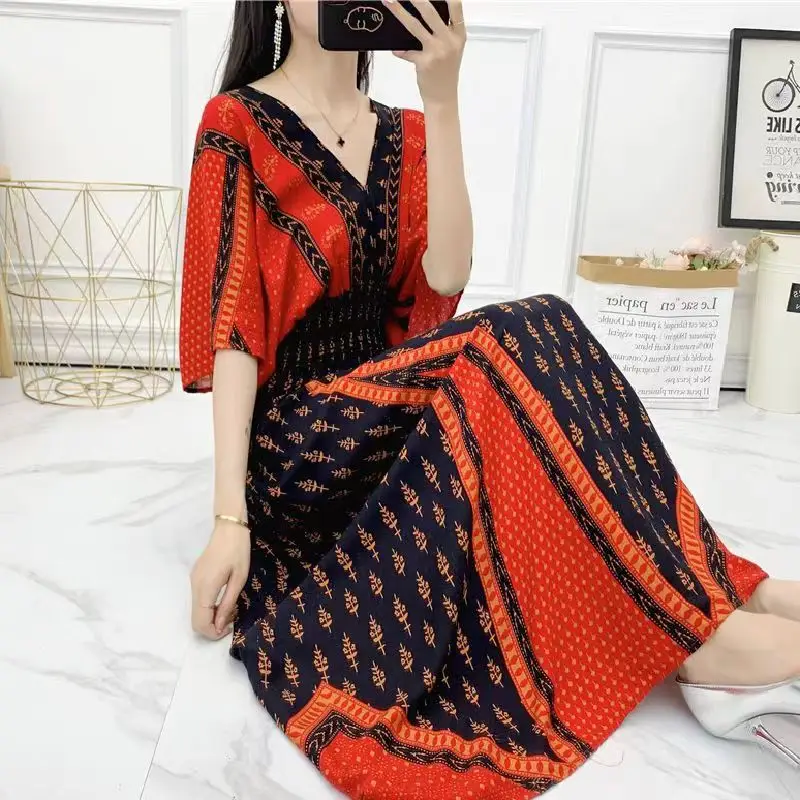 Red Ethnic V-Neck Cotton Silk Dress for Women