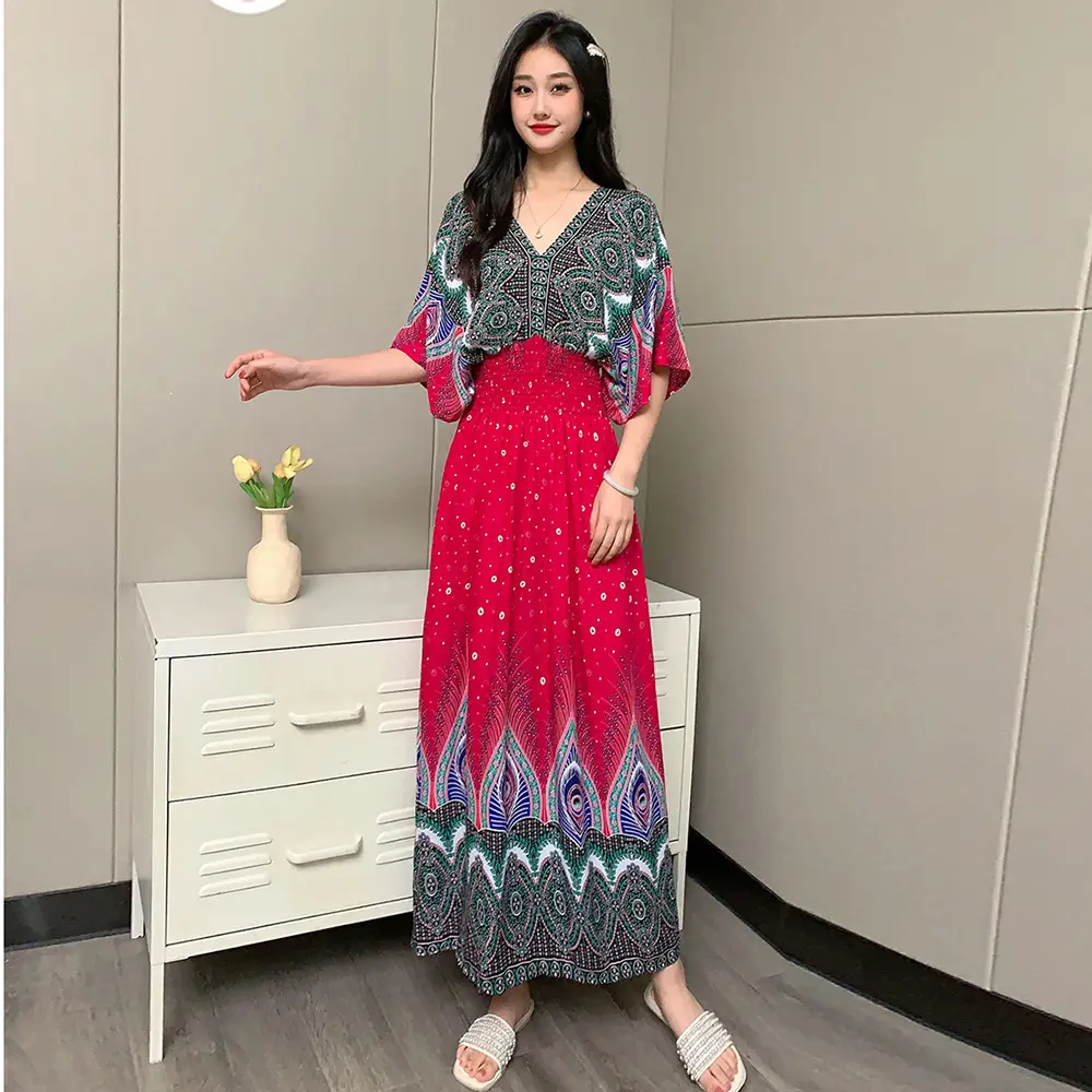 Red Ethnic V-Neck Cotton Silk Dress for Women