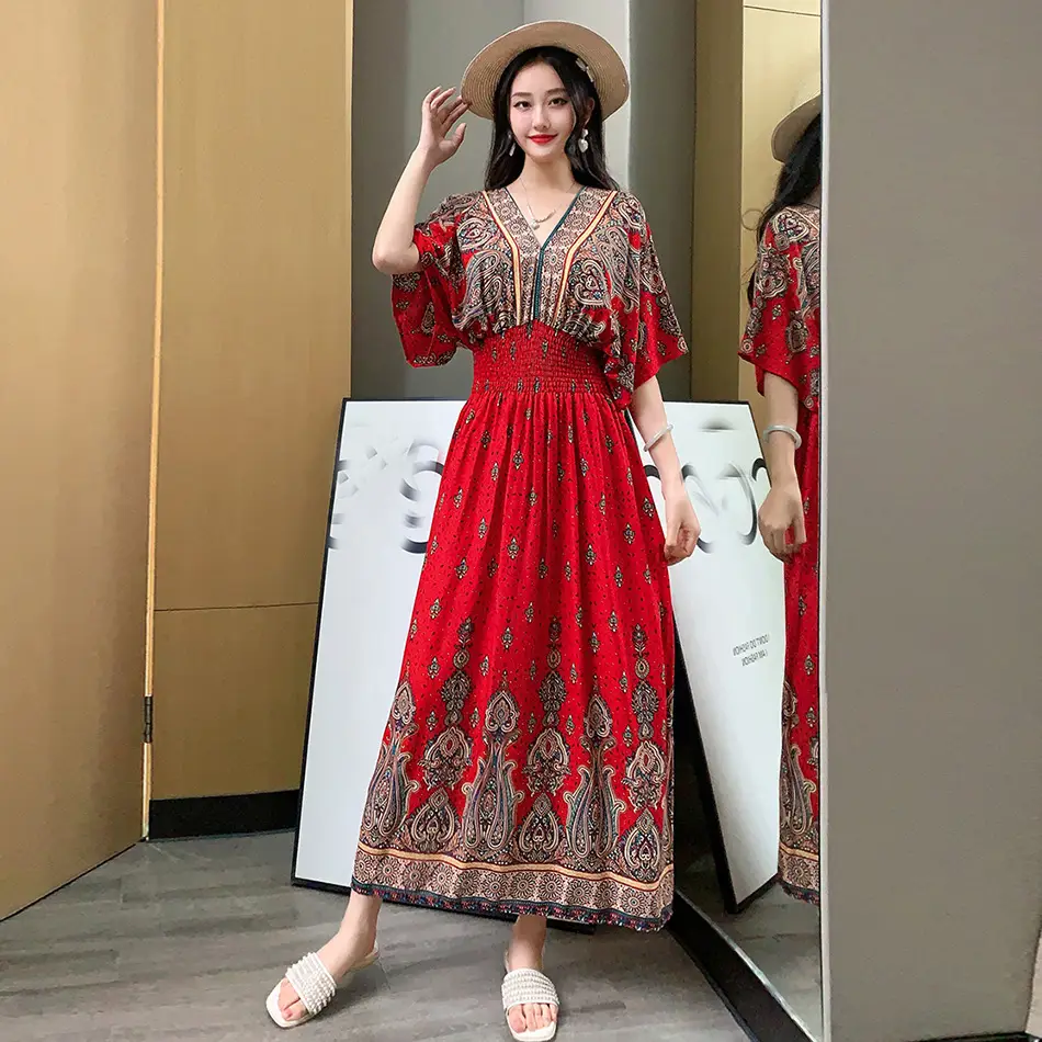 Red Ethnic V-Neck Cotton Silk Dress for Women