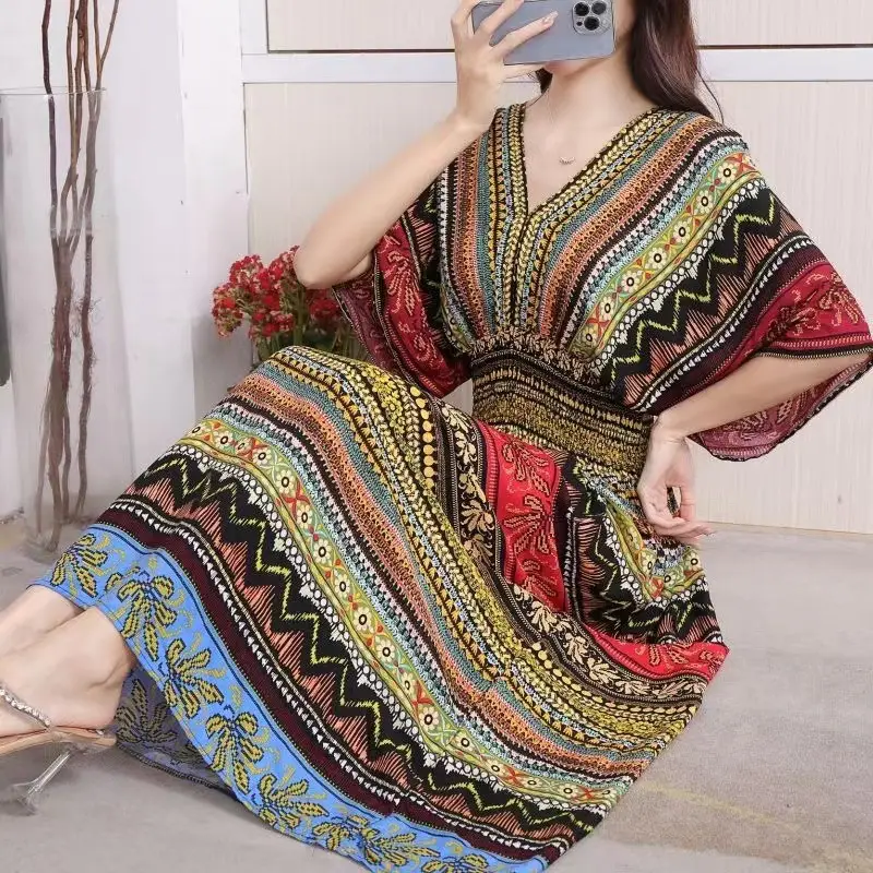 Red Ethnic V-Neck Cotton Silk Dress for Women