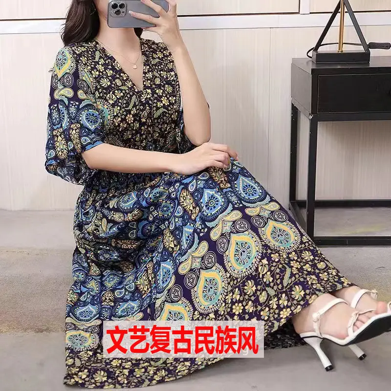 Red Ethnic V-Neck Cotton Silk Dress for Women