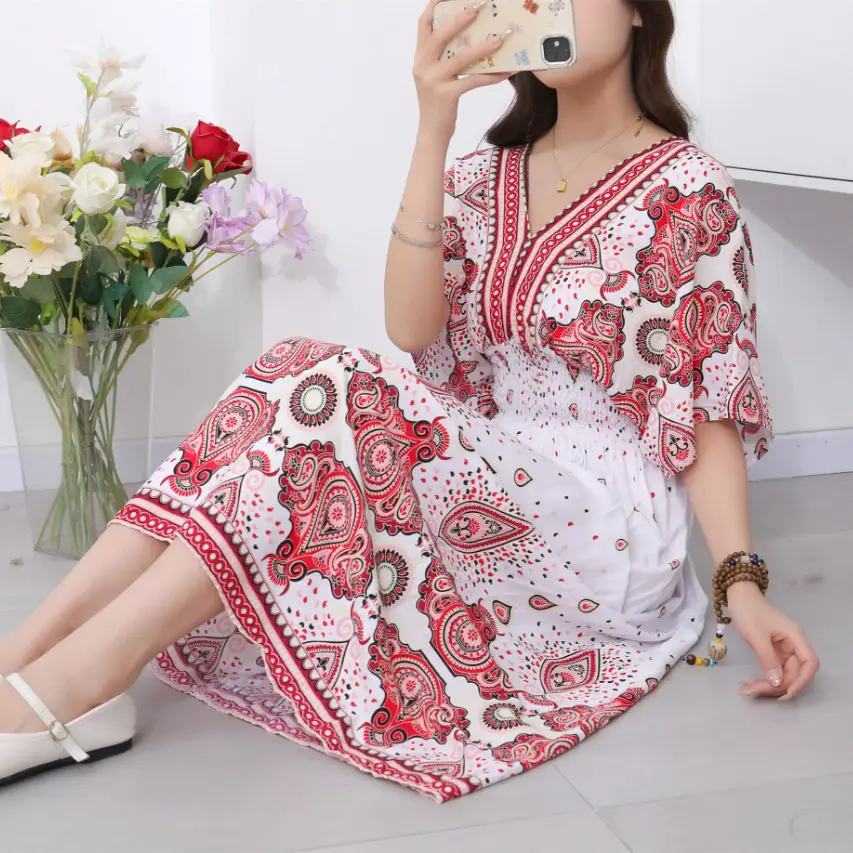 Red Ethnic V-Neck Cotton Silk Dress for Women