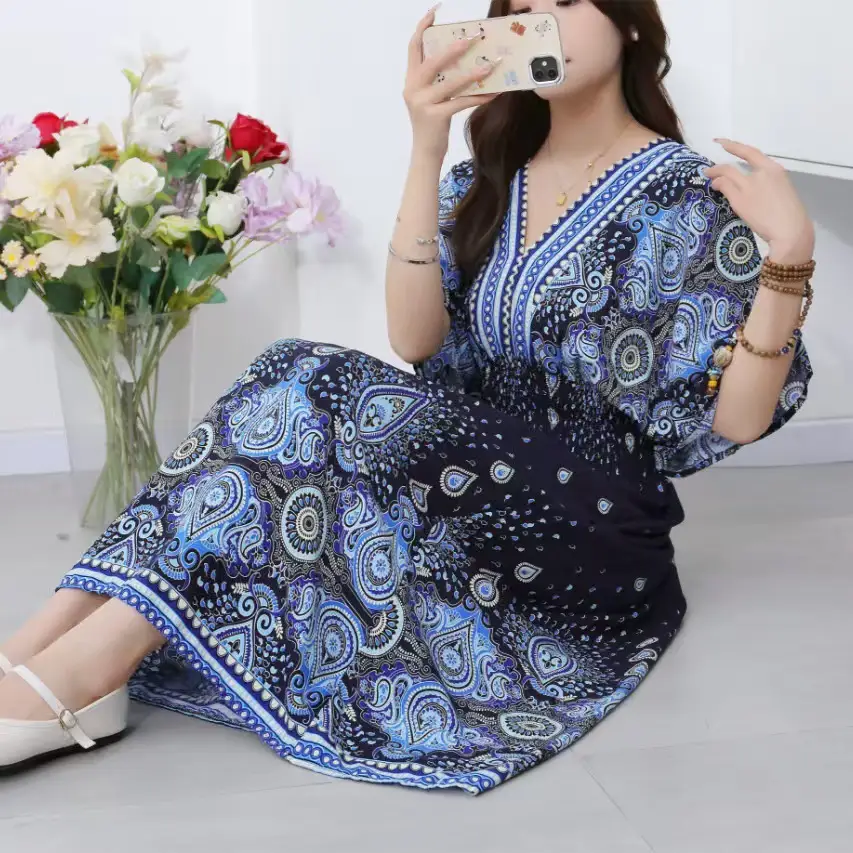 Red Ethnic V-Neck Cotton Silk Dress for Women