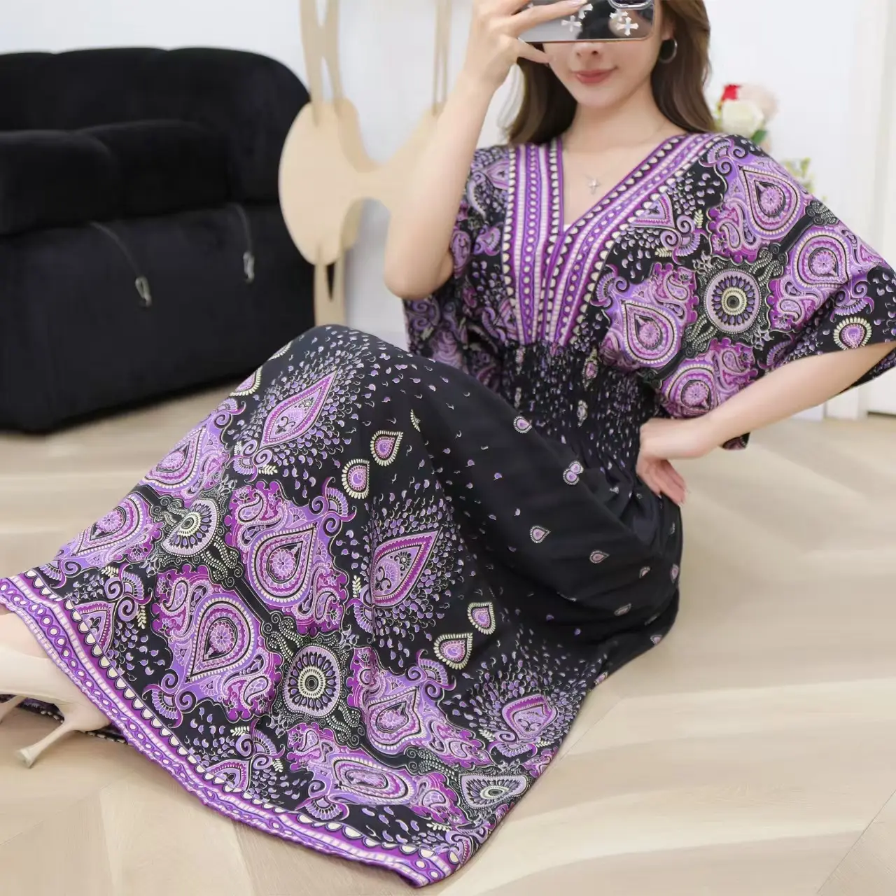 Red Ethnic V-Neck Cotton Silk Dress for Women