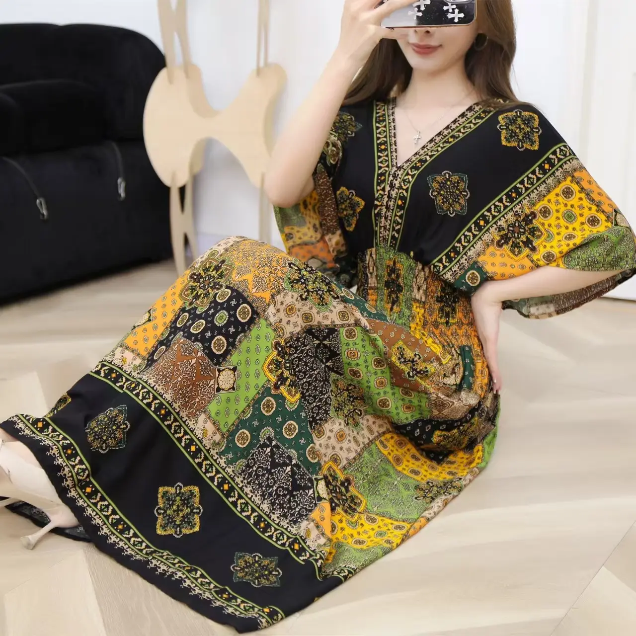 Red Ethnic V-Neck Cotton Silk Dress for Women