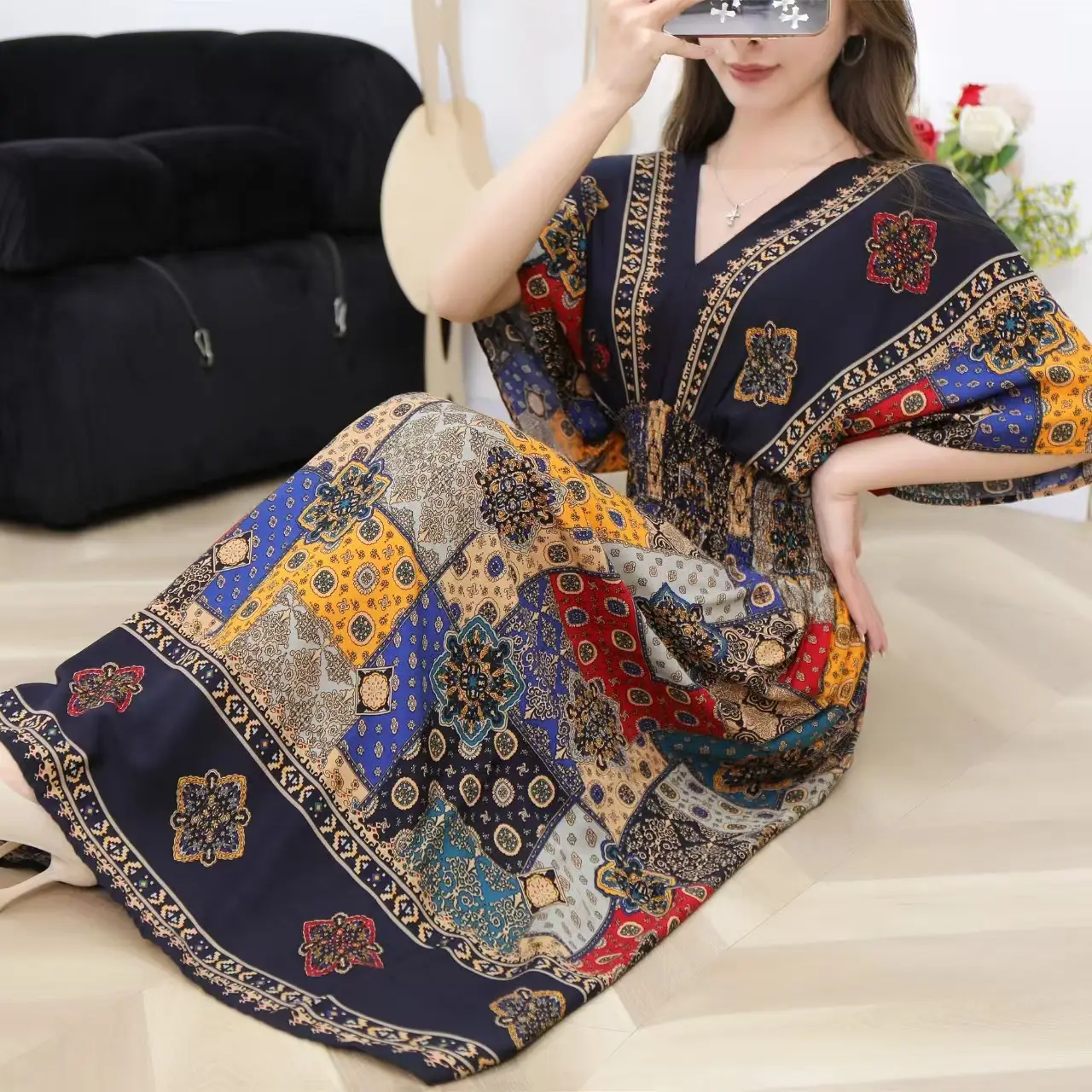 Red Ethnic V-Neck Cotton Silk Dress for Women