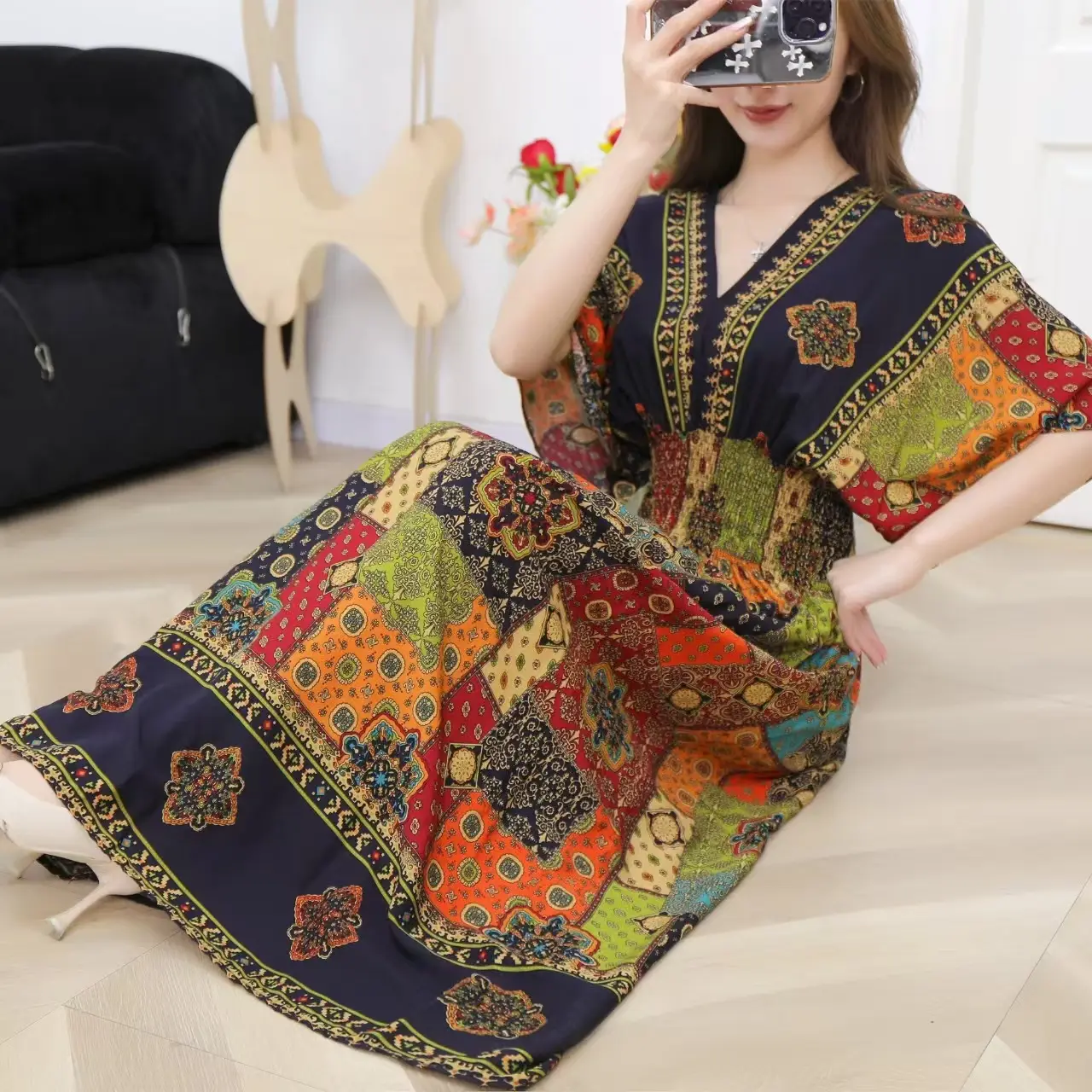 Red Ethnic V-Neck Cotton Silk Dress for Women