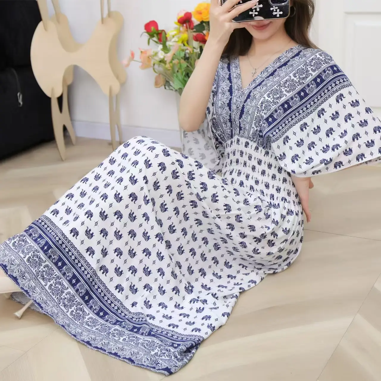 Red Ethnic V-Neck Cotton Silk Dress for Women