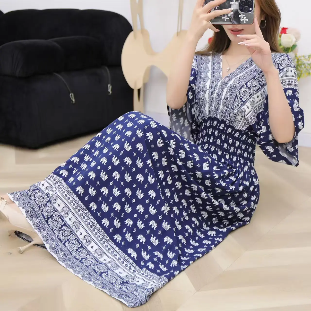 Red Ethnic V-Neck Cotton Silk Dress for Women