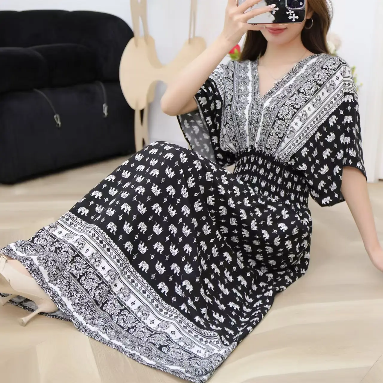 Red Ethnic V-Neck Cotton Silk Dress for Women