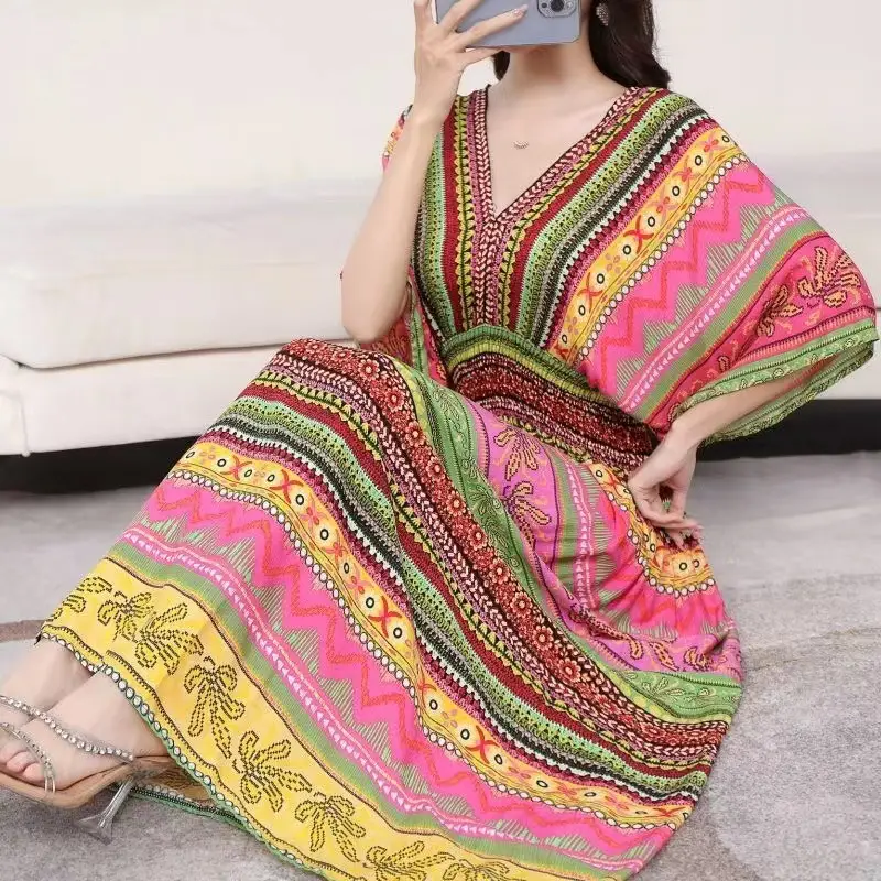 Red Ethnic V-Neck Cotton Silk Dress for Women
