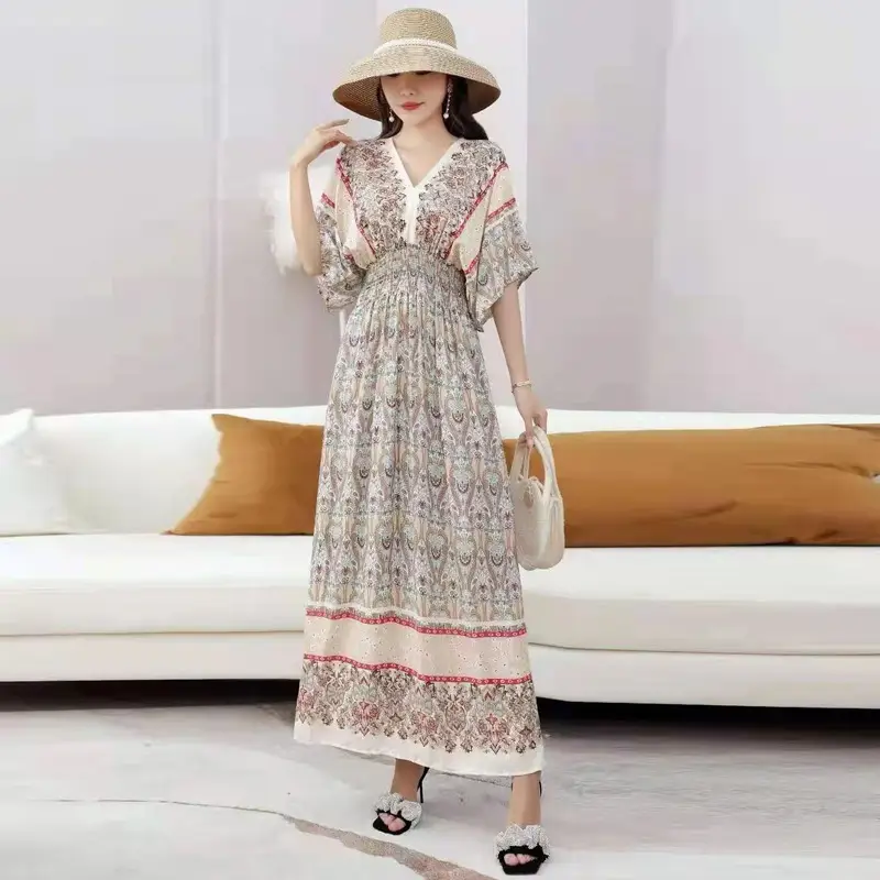 Red Ethnic V-Neck Cotton Silk Dress for Women