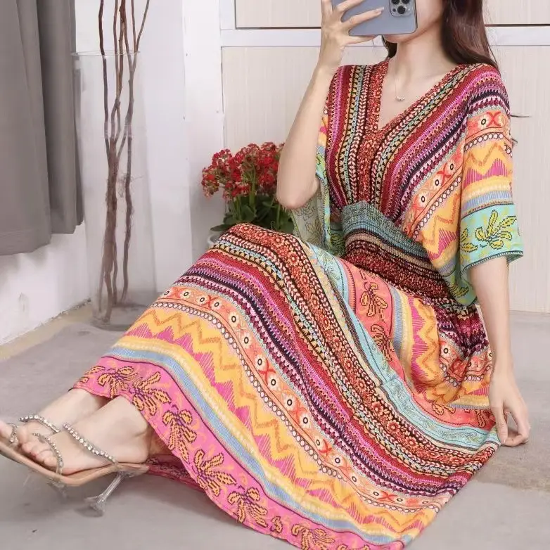 Red Ethnic V-Neck Cotton Silk Dress for Women