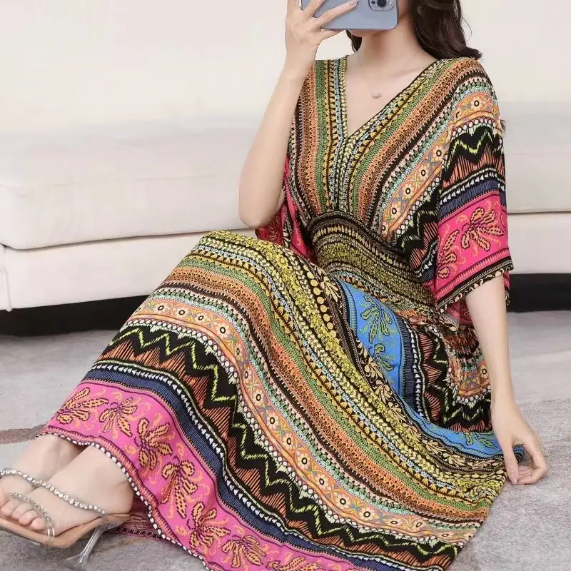 Red Ethnic V-Neck Cotton Silk Dress for Women