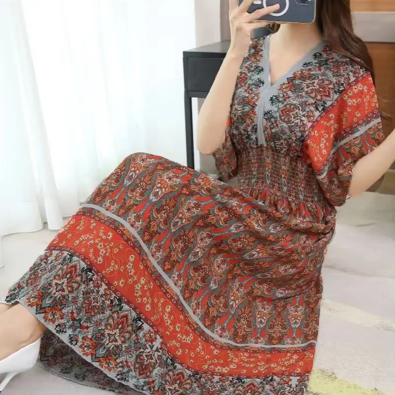 Red Ethnic V-Neck Cotton Silk Dress for Women