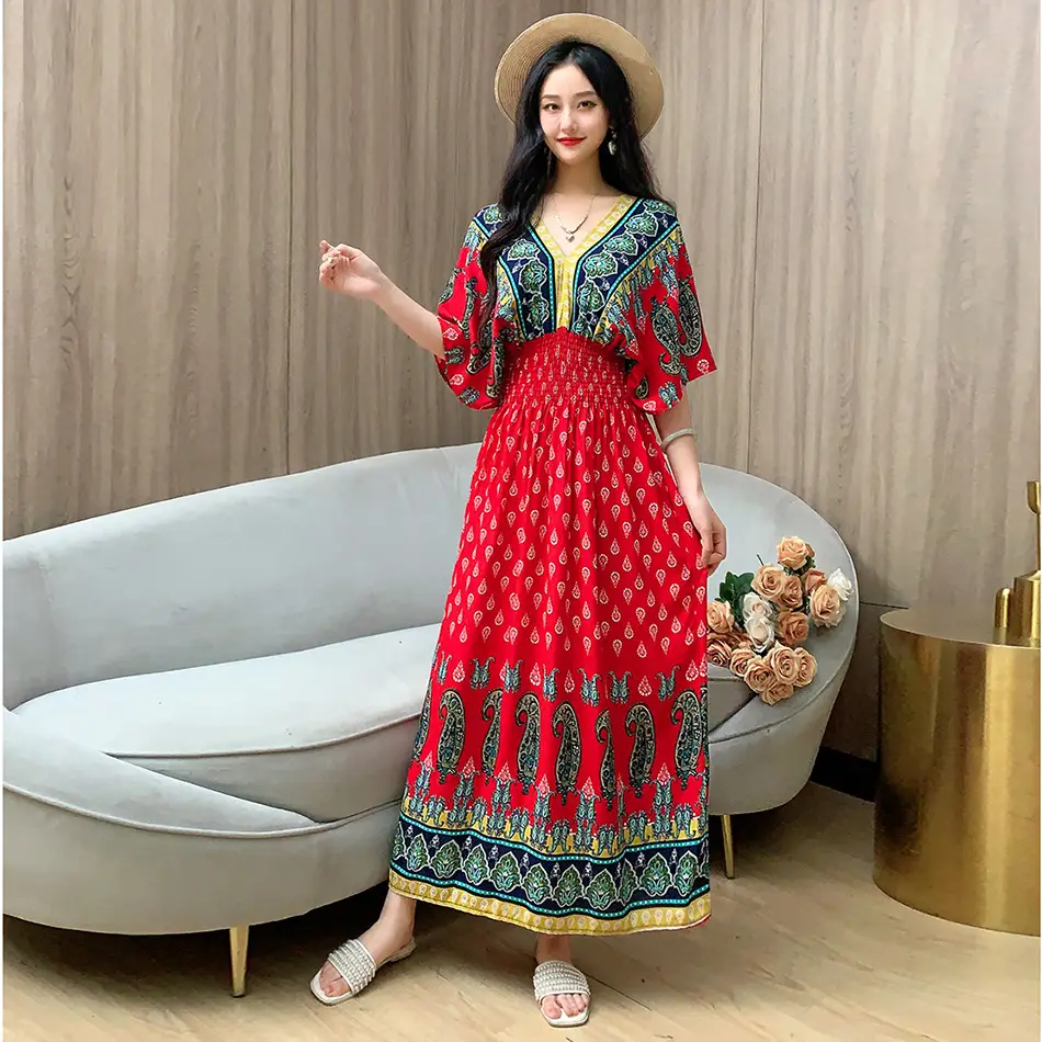 Red Ethnic V-Neck Cotton Silk Dress for Women