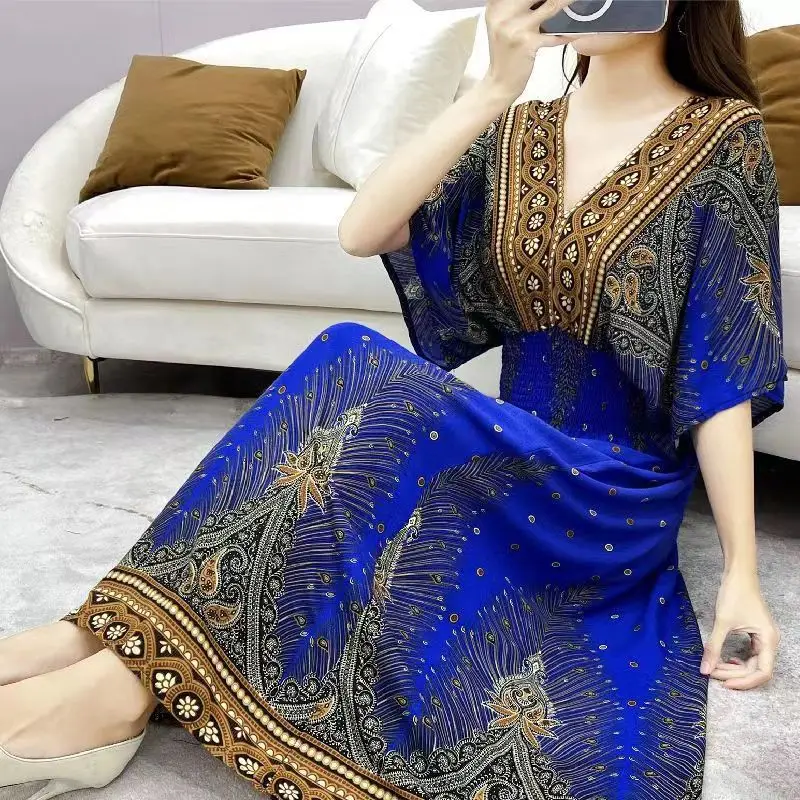 Red Ethnic V-Neck Cotton Silk Dress for Women