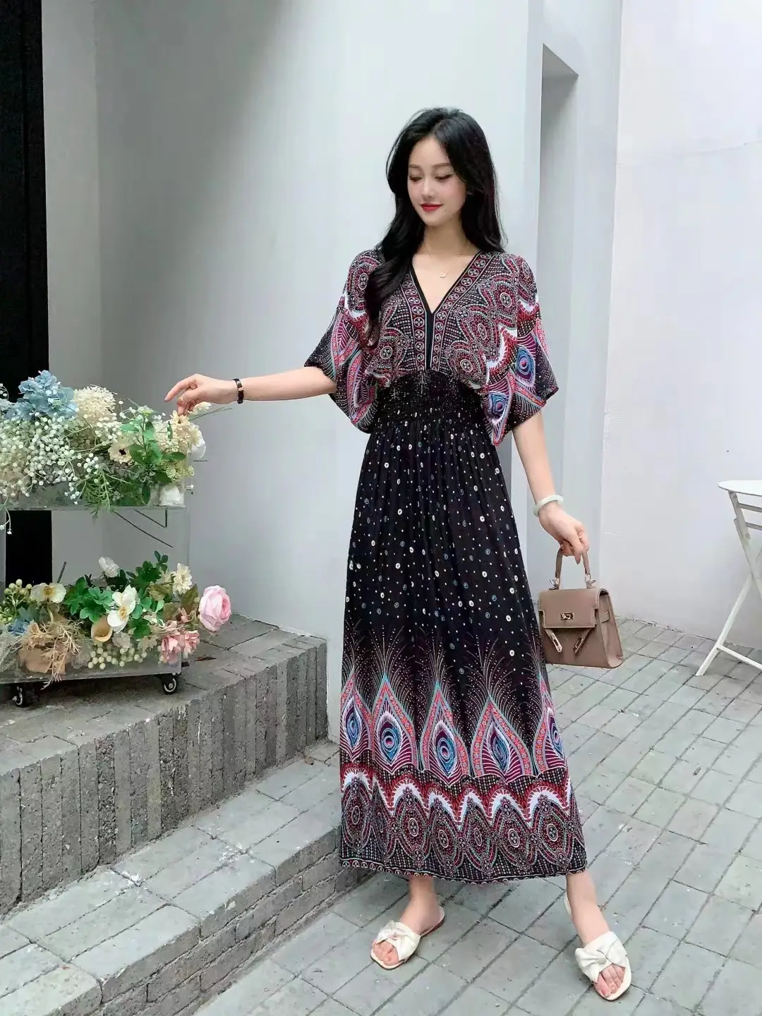 Red Ethnic V-Neck Cotton Silk Dress for Women