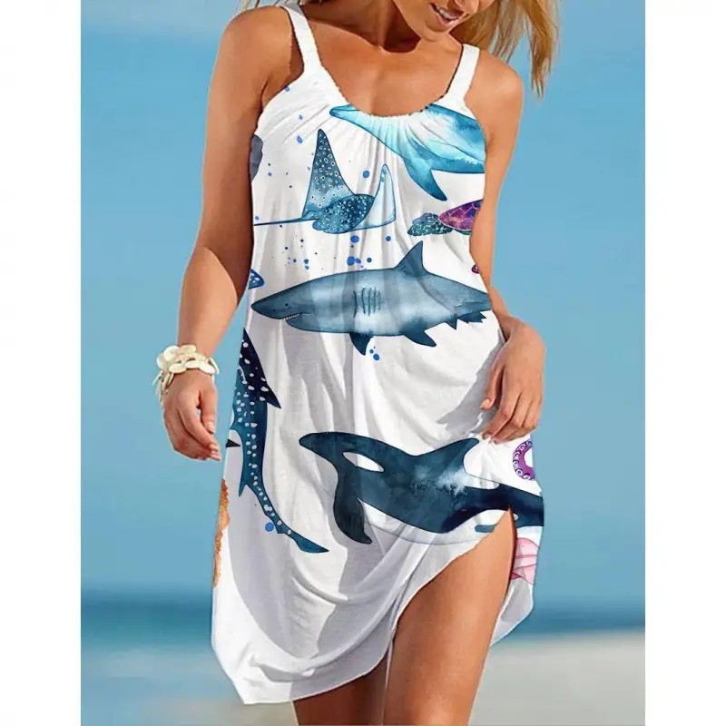 2022 New Urban Casual Beach Dress 3D Printed Blue - Image 22
