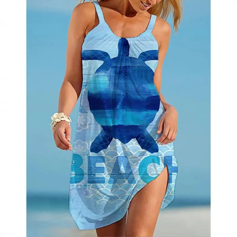 2022 New Urban Casual Beach Dress 3D Printed Blue - Image 10