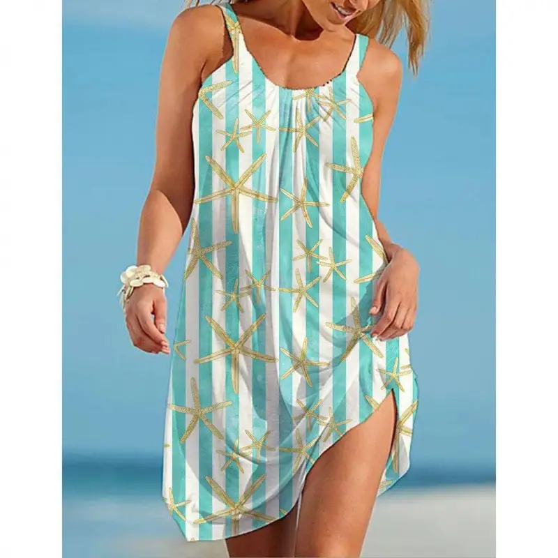 2022 New Urban Casual Beach Dress 3D Printed Blue - Image 11