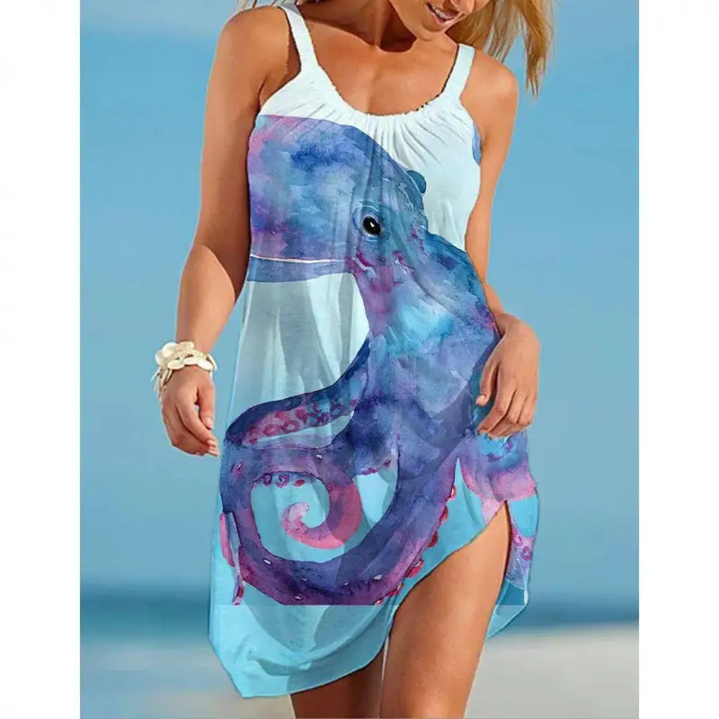 2022 New Urban Casual Beach Dress 3D Printed Blue - Image 14