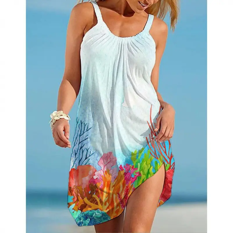 2022 New Urban Casual Beach Dress 3D Printed Blue - Image 19