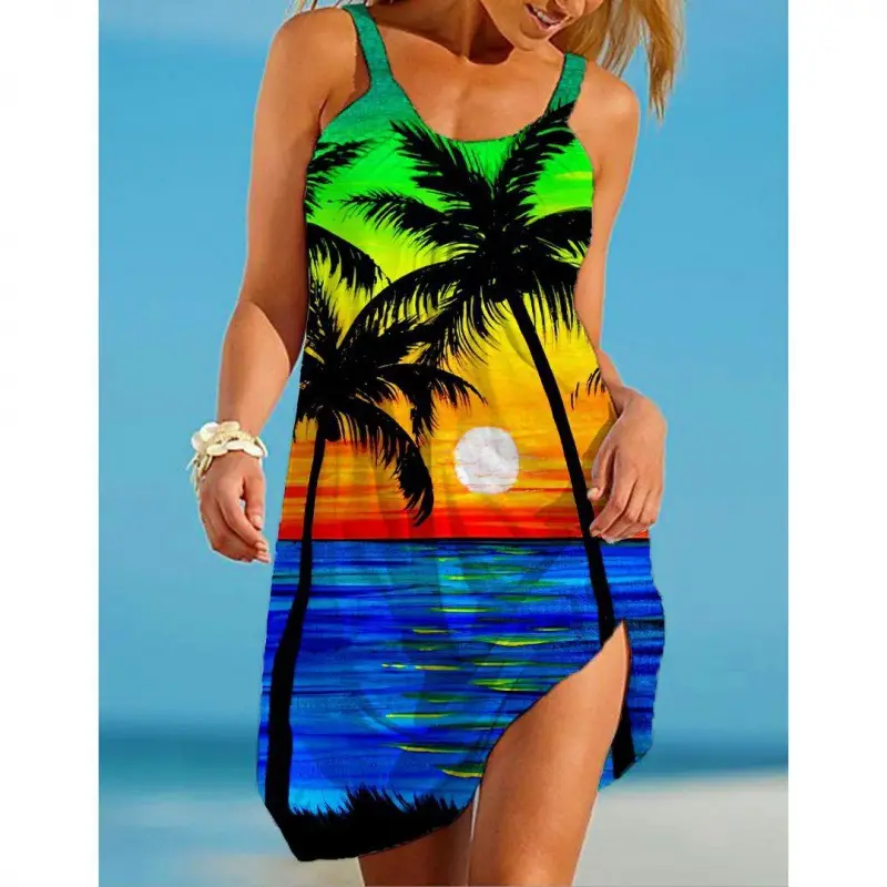 2022 New Urban Casual Beach Dress 3D Printed Blue - Image 2