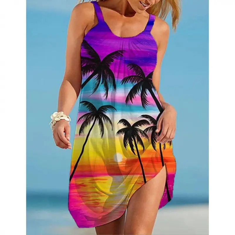 2022 New Urban Casual Beach Dress 3D Printed Blue - Image 4