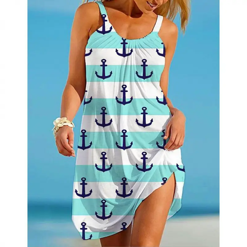 2022 New Urban Casual Beach Dress 3D Printed Blue - Image 6
