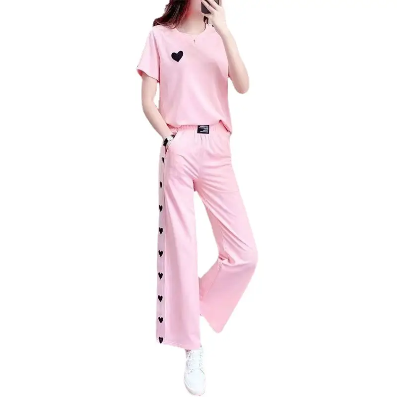 Pink Heart Print Women's Summer Casual Two-Piece Set - Image 6