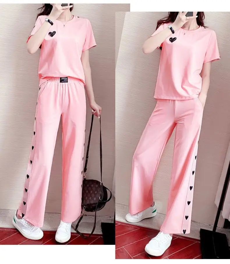 Pink Heart Print Women's Summer Casual Two-Piece Set — feature 10