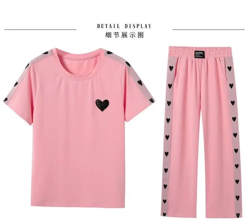 Pink Heart Print Women's Summer Casual Two-Piece Set — feature 11