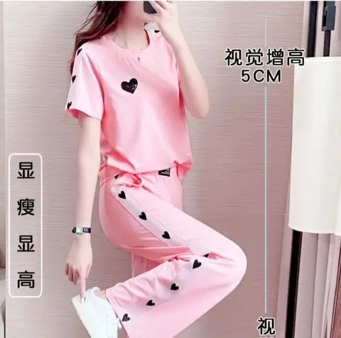 Pink Heart Print Women's Summer Casual Two-Piece Set — feature 4