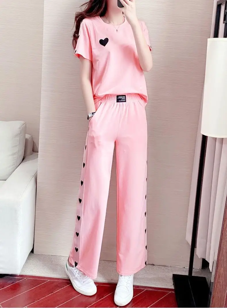 Pink Heart Print Women's Summer Casual Two-Piece Set — feature 6