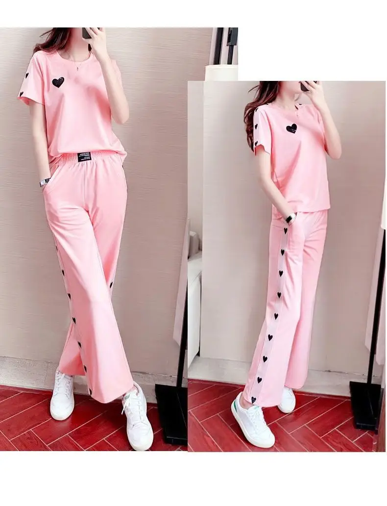 Pink Heart Print Women's Summer Casual Two-Piece Set — feature 7