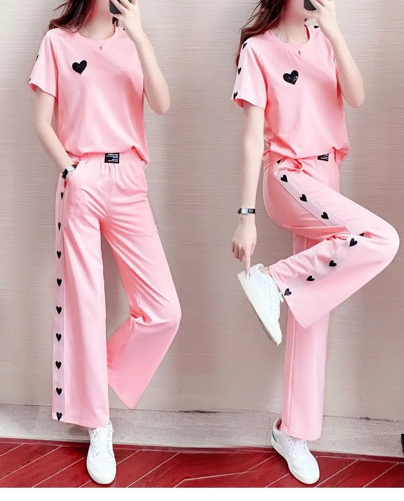Pink Heart Print Women's Summer Casual Two-Piece Set — feature 9
