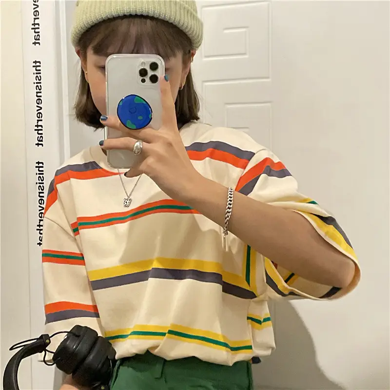 Women's Rainbow Striped T-Shirt Small Summer Casual Korean Style - Image 3